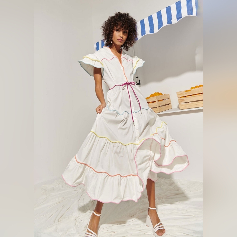 CeliaB White Ruffled Dress with Multicolor Trim NWT Sz M